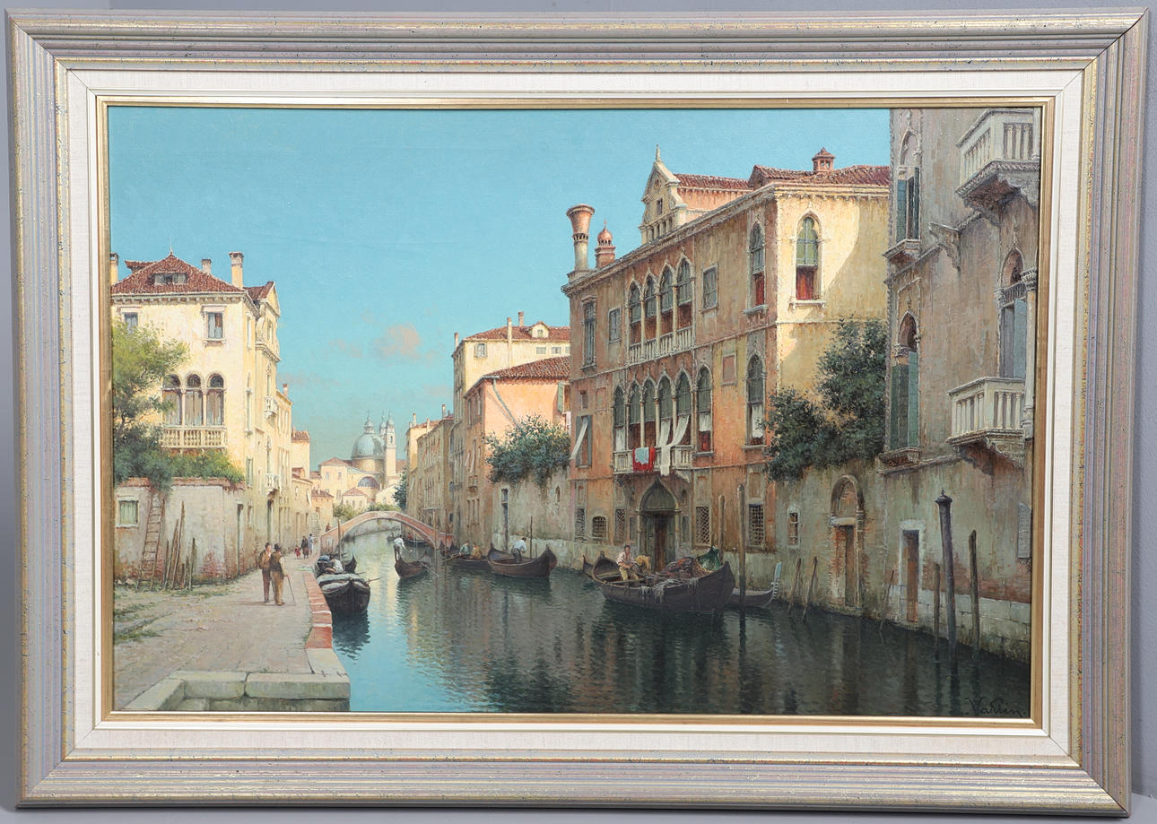 HUGO GOLLI (B.1921). GONDOLAS ON A QUIET BACKWATER, VENICE.