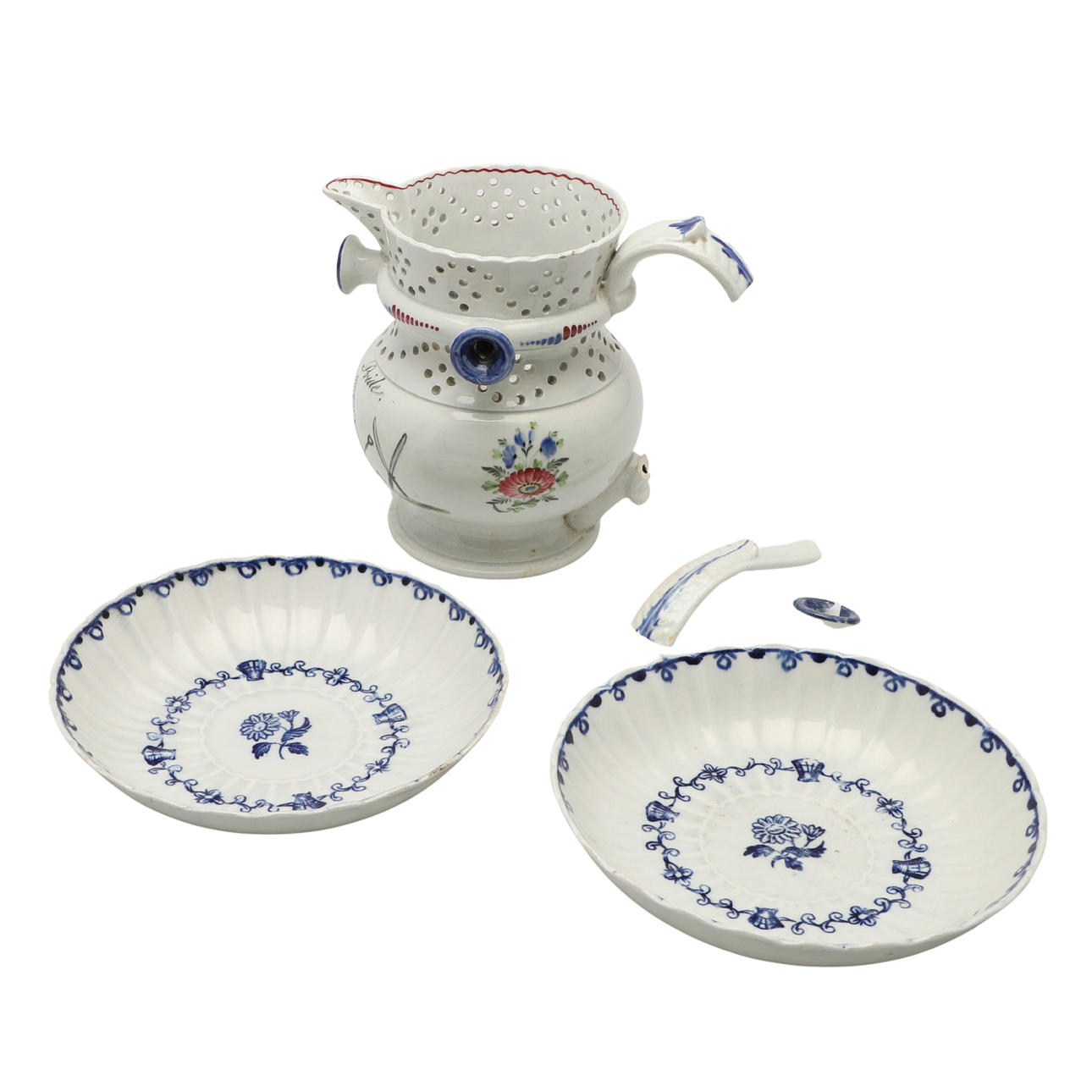 PEARLWARE INSCRIBED PUZZLE JUG & OTHER PEARLWARE ITEMS.