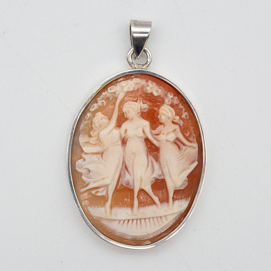 ANTIK VEDHÆNG, CAMEO, TRE MUSER, 925 STERLINGSØLV, STEMPLET.