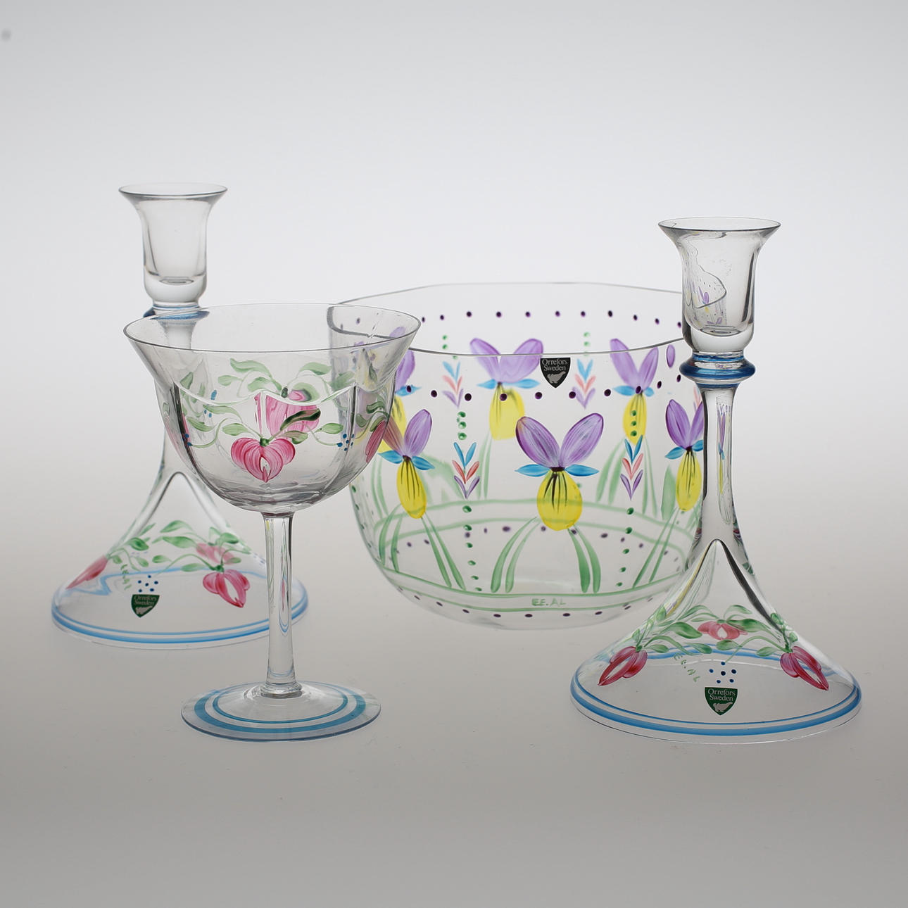 LJUSSTAKAR, ett par, GLAS och SKÅL, varav 3 "Maja", Eva Englund, Orrefors.