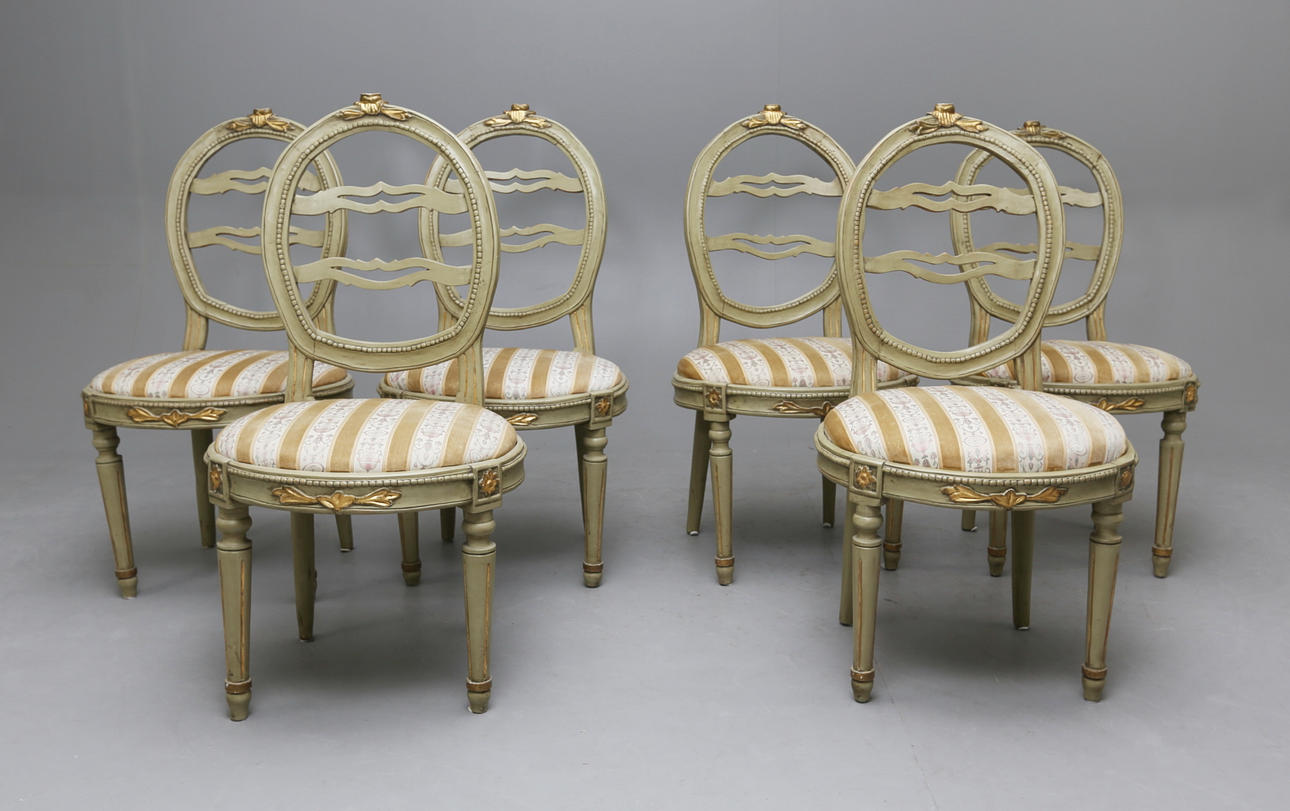 STOLAR, 6 st, "Skrattstolar", Gustavianska, 1700-tal.