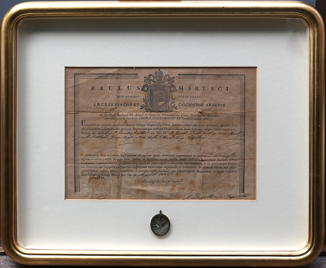 Relic with certificate, Calcis,1836.