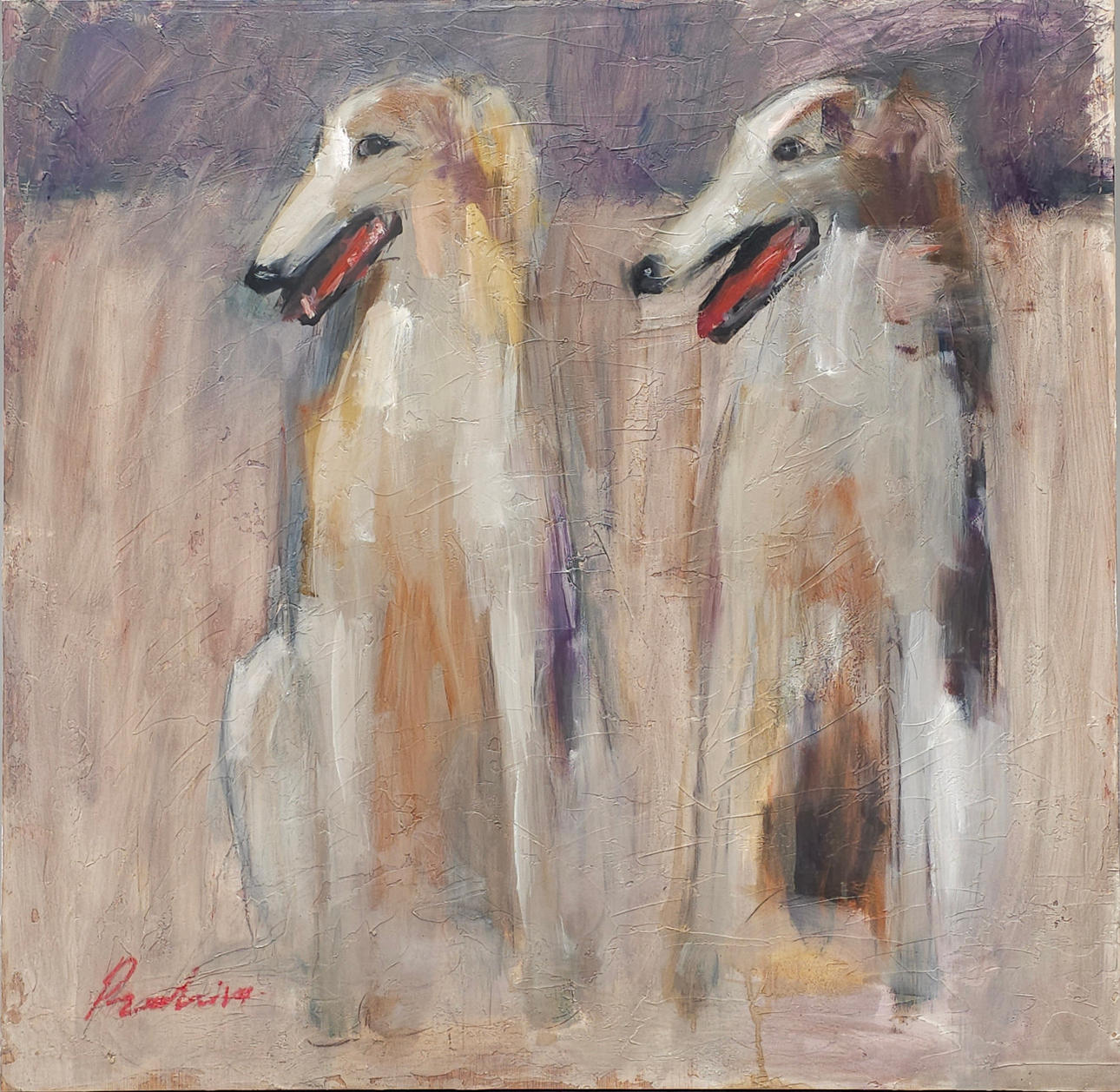 RAHIM EL. TÉCNICA MIXTA SOBRE MADERA"PERROS BORZOI".