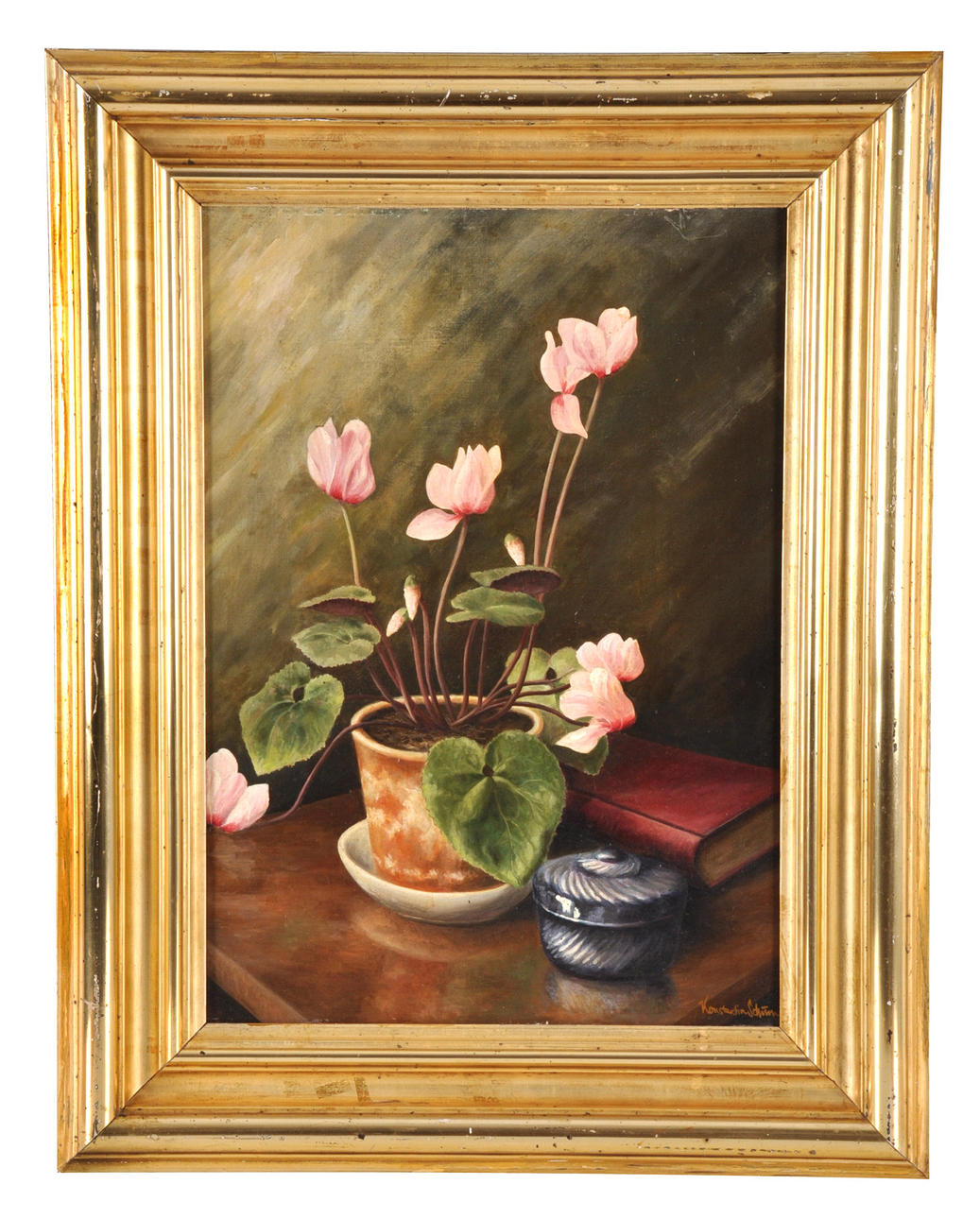 KONSTANTIN SCHUM. Stilleben, Ny objektivitet. Gevaste cyklamen med tenn och bok.