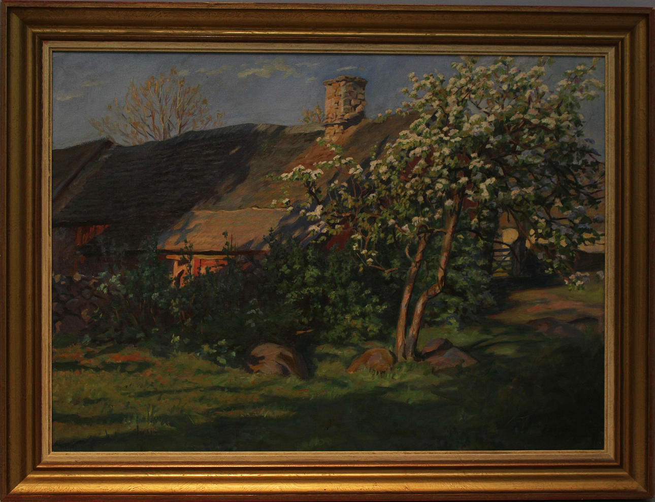 EINAR BAGER. Gården med det blommande trädet. Olja på duk Signerad E Bager 1921.