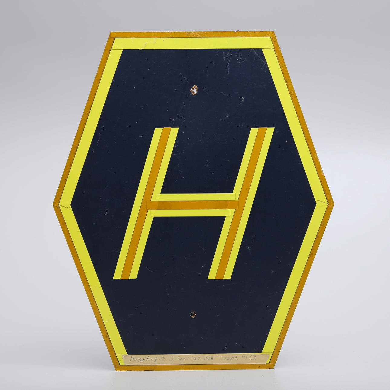 A right-hand traffic sign, masonite, 1967.