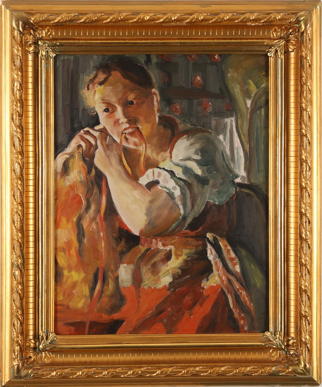 OIDENTIFIERAD KONSTNÄR. olja på pannå, Dalkulla, signerad 46.