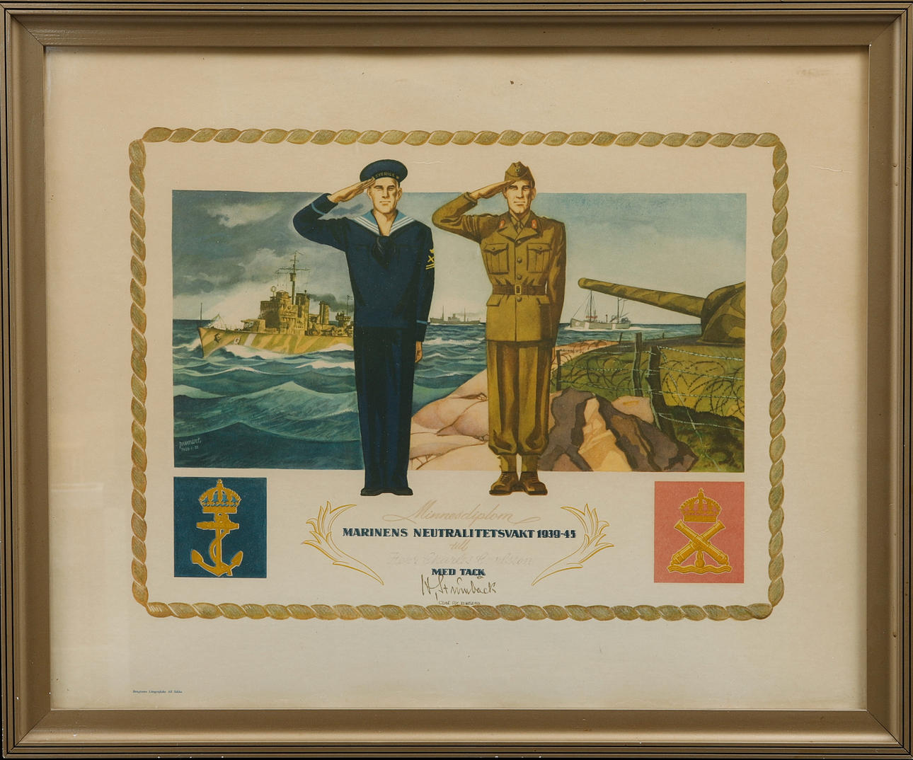 DIPLOM, litografiskt tryck, Marinens Neutralitetsvakt.