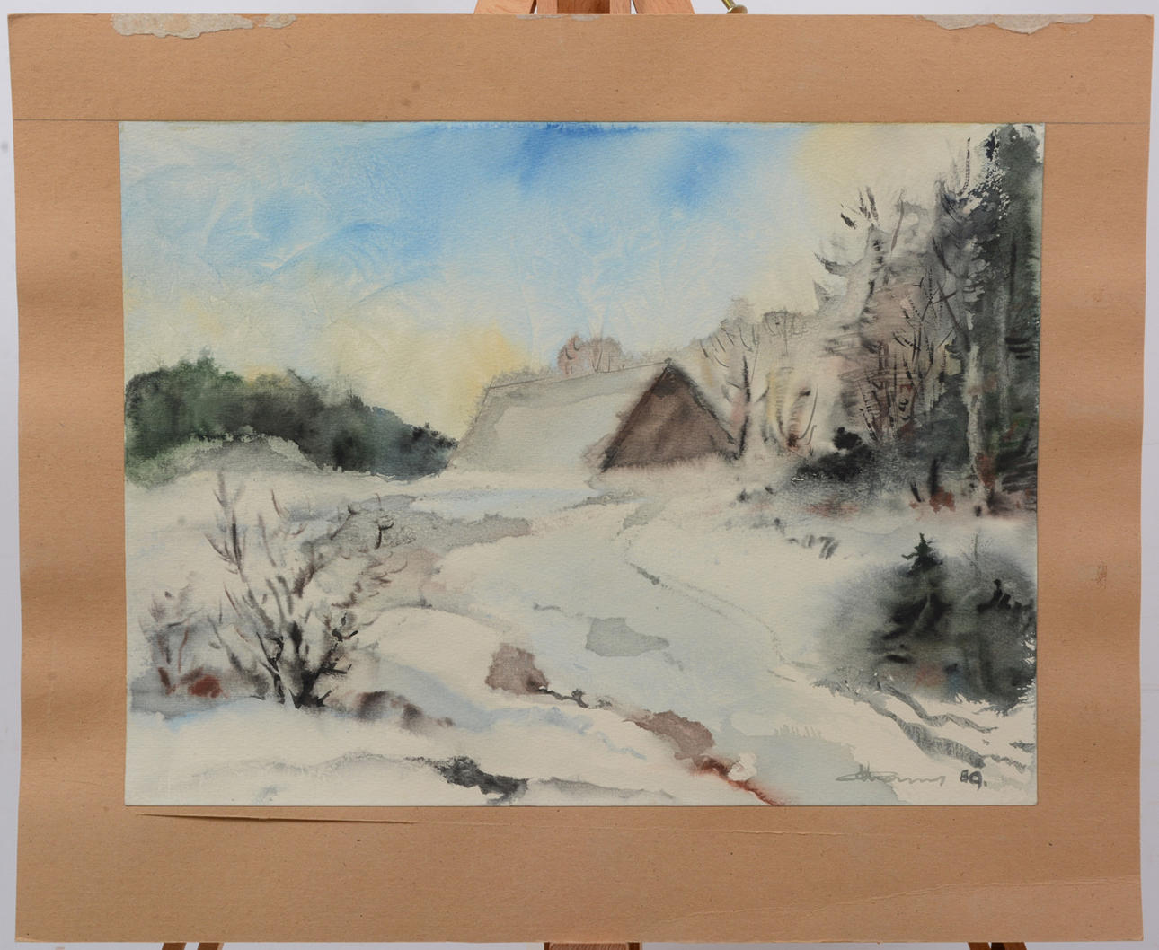 OLGERTS KRAUKLIS. Talvimökki. Latviassa. Vesiväri.