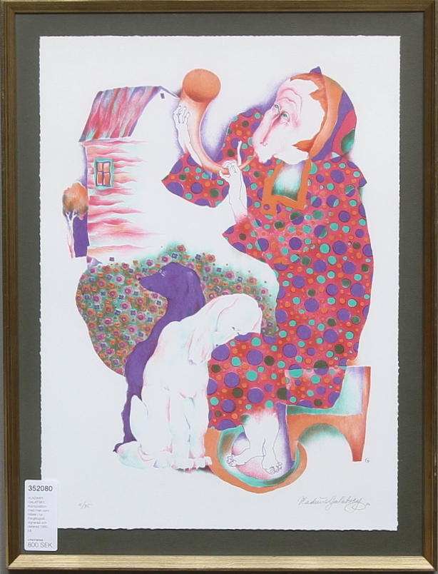 VLADIMIR GALATSKY. Komposition med man som blåser i lur. Färglitografi, signerad och daterad 1980.