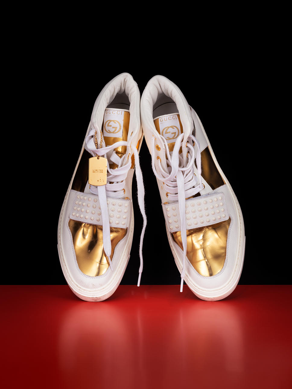 white and gold gucci shoes