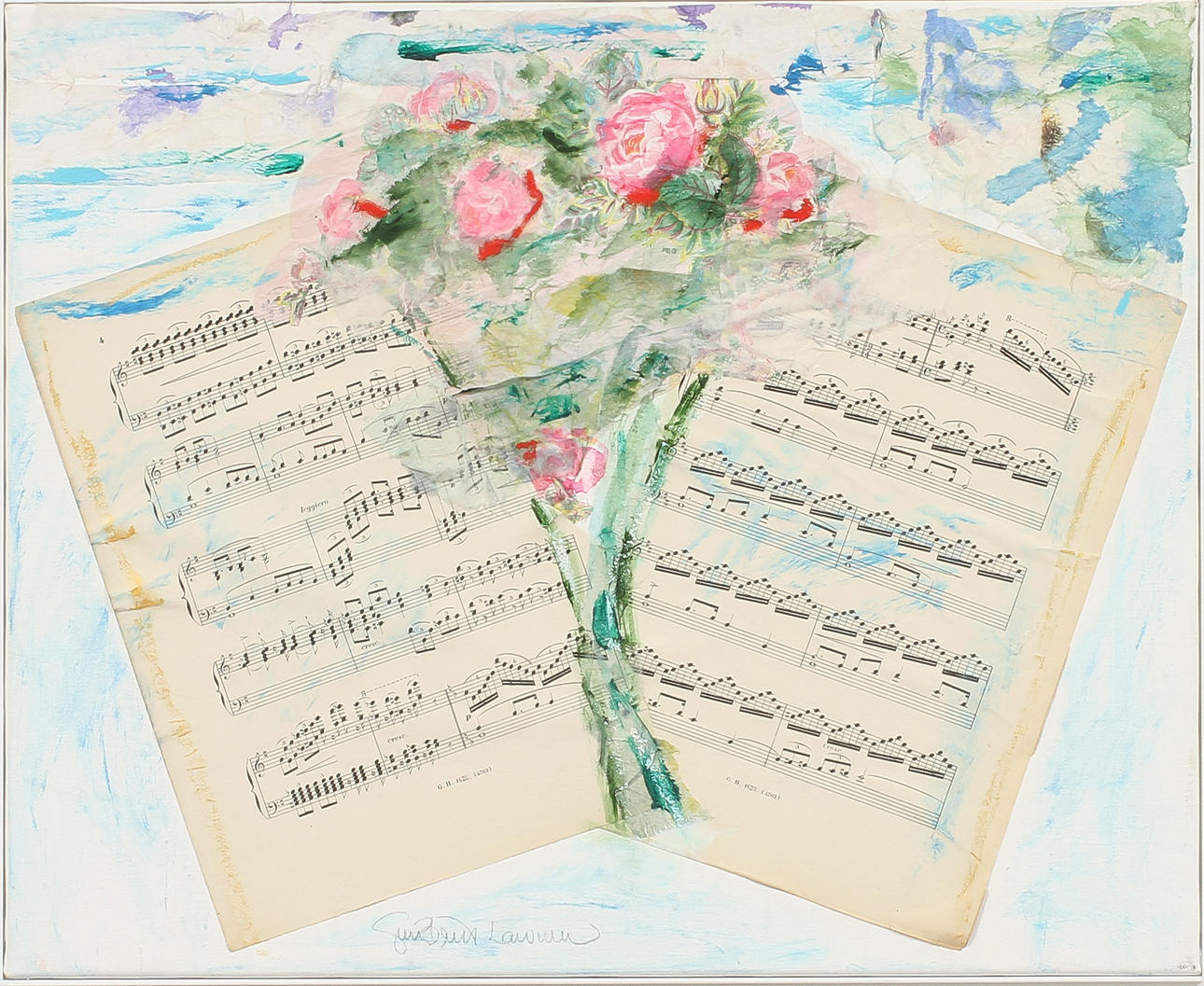 GUN BRITT LAWURN. Blommor och noter, blandteknik med collage på duk, signerad.