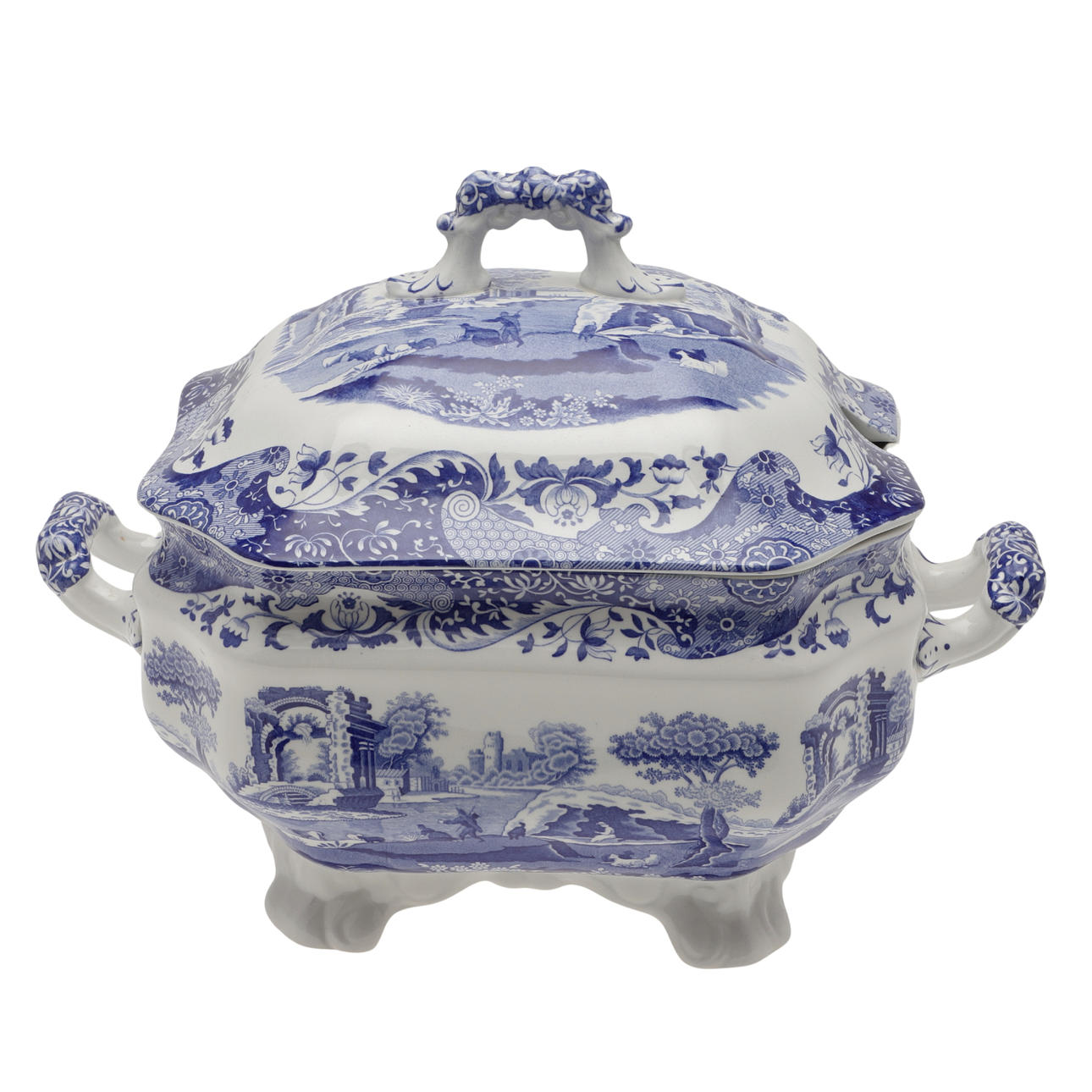 A SPODE BLUE ITALIAN PATTERN SOUP TUREEN AND COVER.