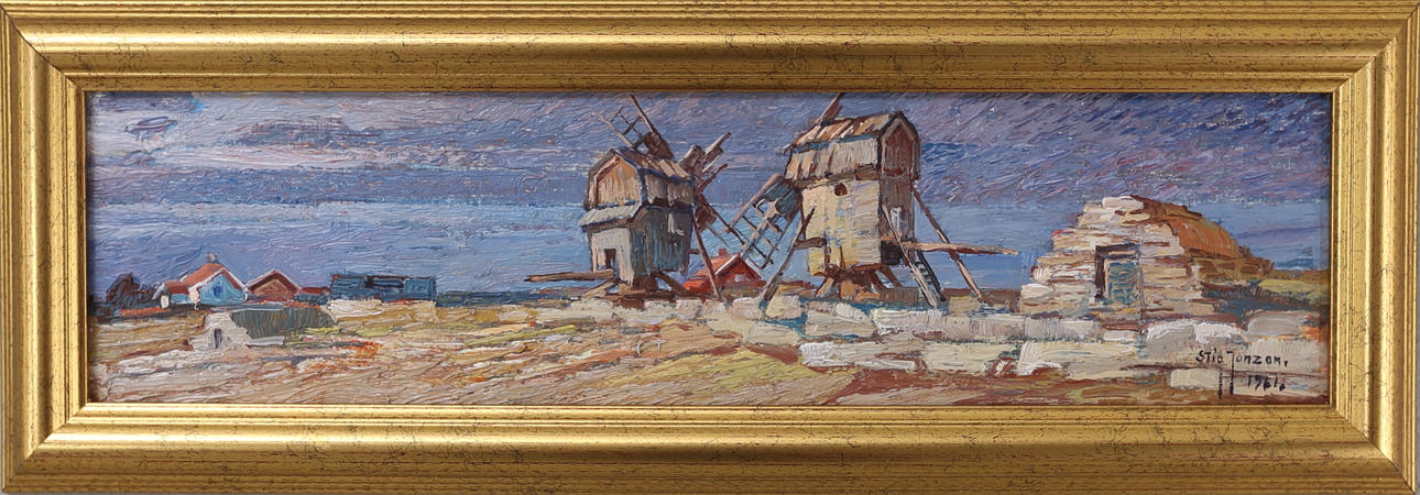 STIG JONZON. "Kvarnar Algutsrum Öland", olja på pannå, signerad samt daterad 1961.