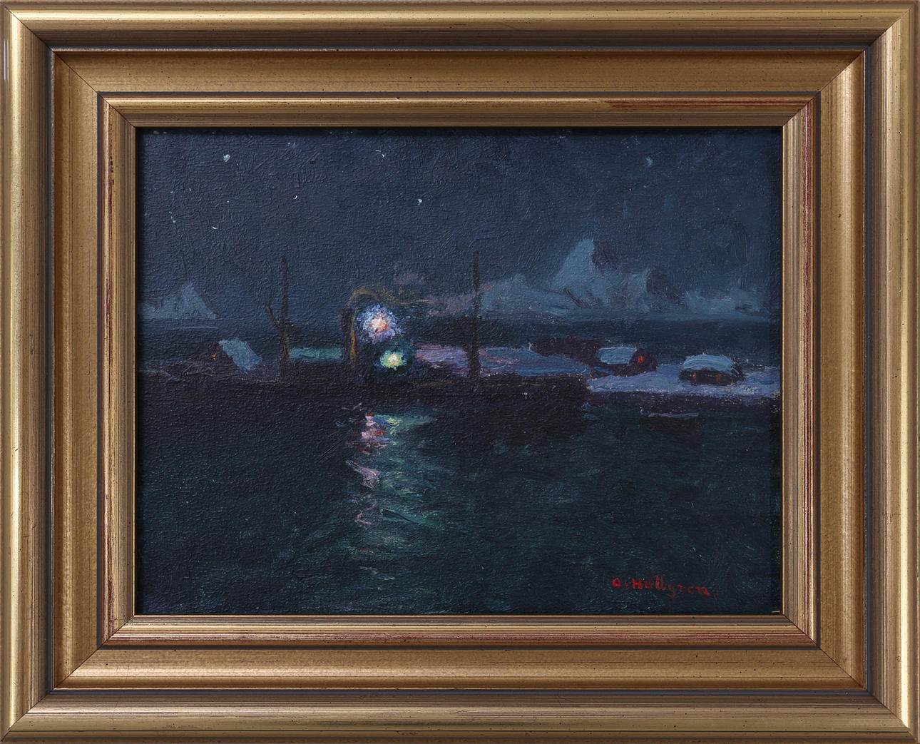 OSCAR HULLGREN. Lofoten vinternatt, olja på pannå, signerad.