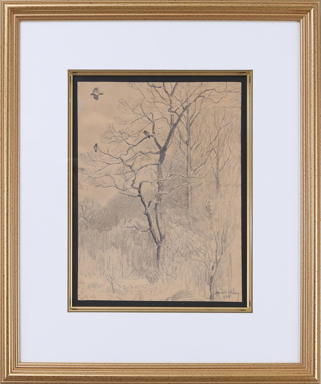 HARALD WIBERG. Fåglar i träd, teckning, signerad och daterad 1943.