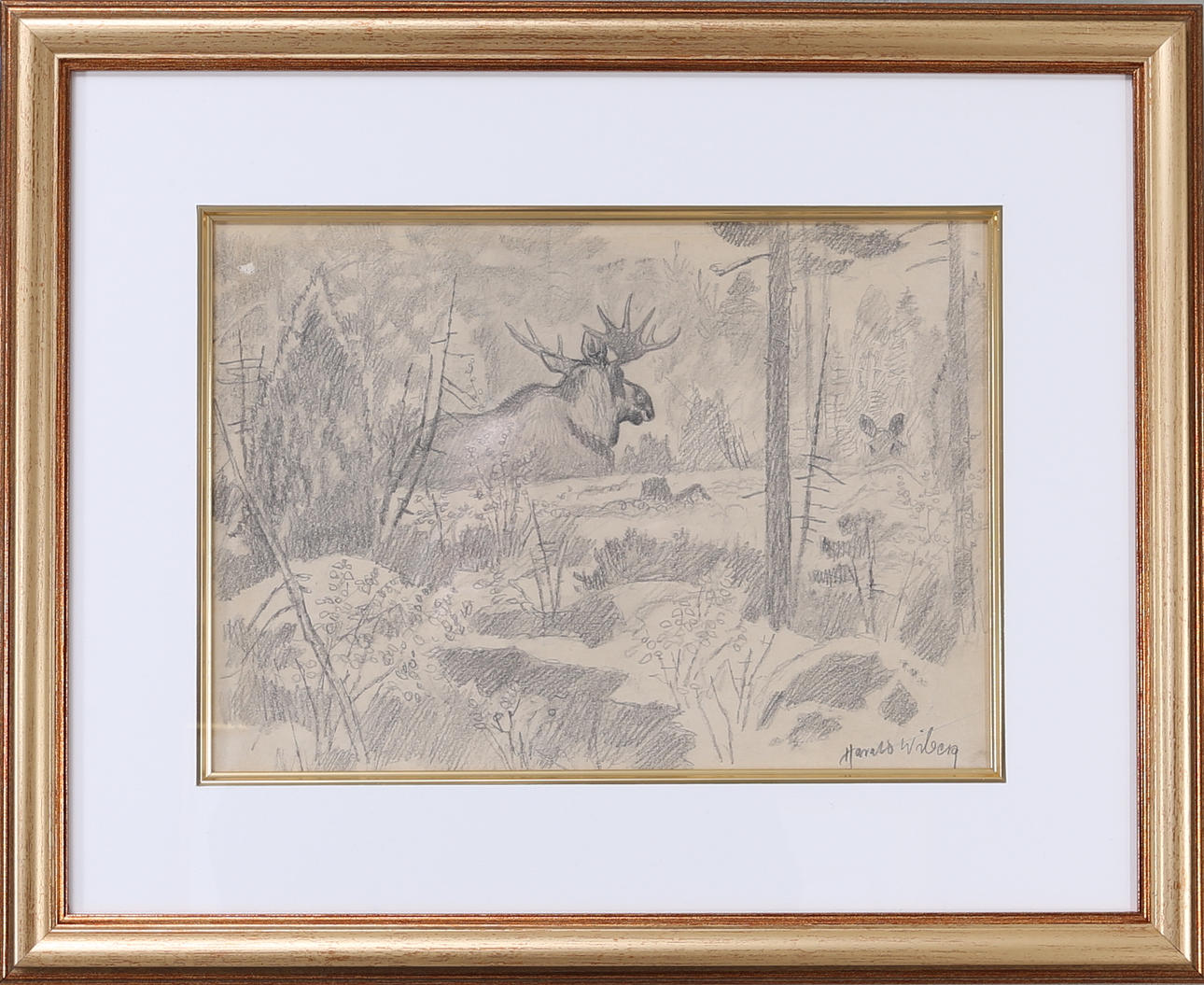 HARALD WIBERG. Älgar på mossen, teckning, signerad.