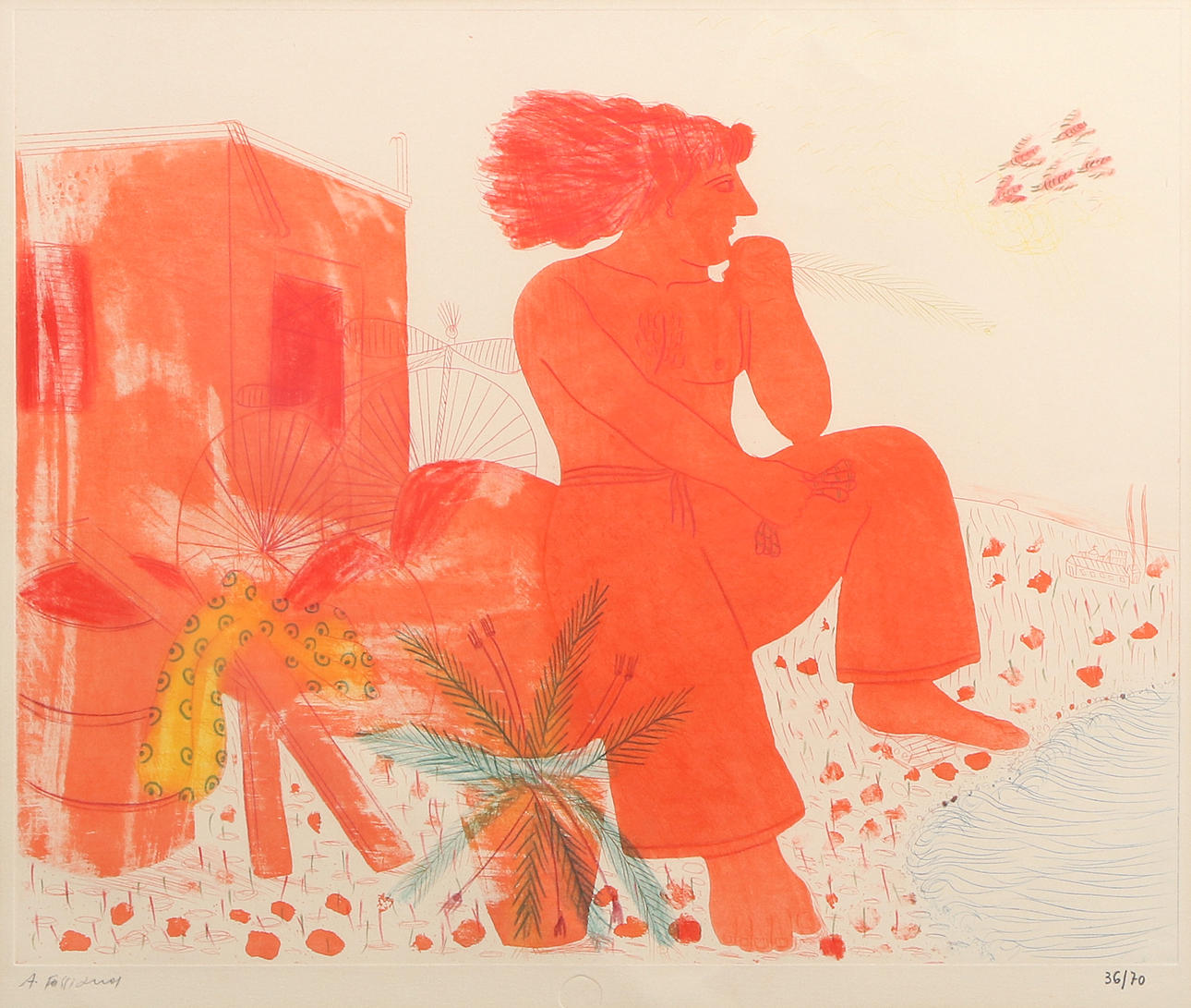 ALEXANDRE FASSIANOS. Etching, 36/70. Composition with man in red tones. Signed.
