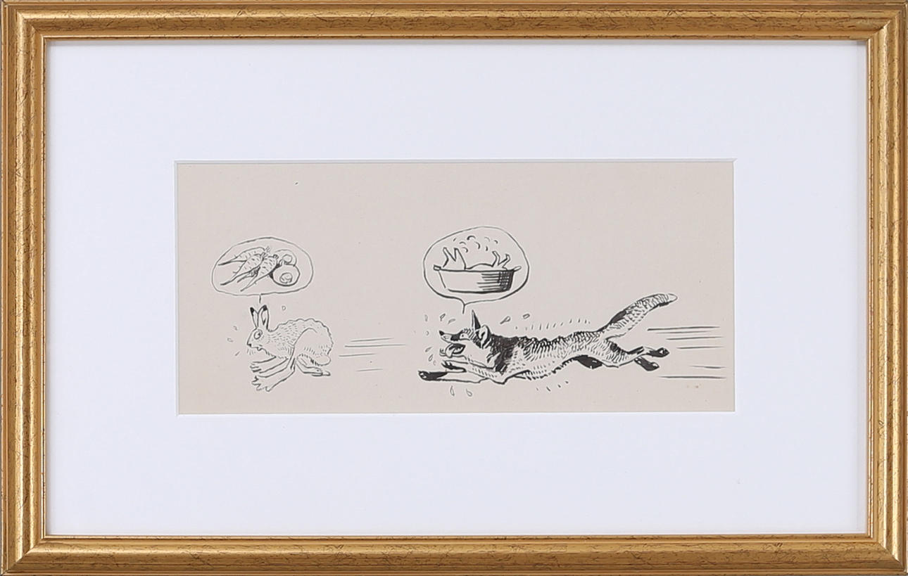 OIDENTIFIERAD KONSTNÄR. Jakten på mat, tuschteckning, 1900-tal.
