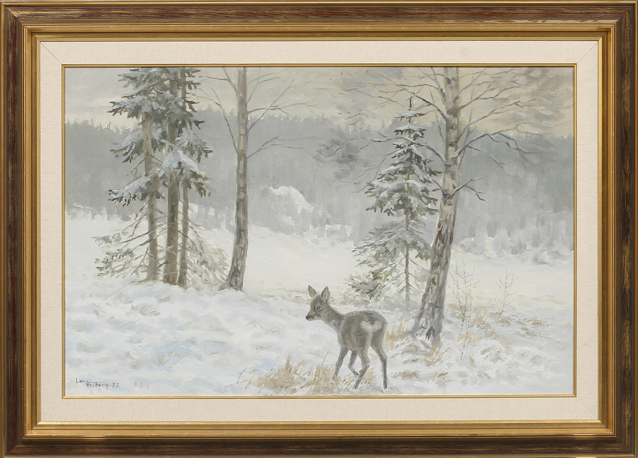 LARZ FRIBERG. "Rådjur vid träddunge", olja på duk, signerad.