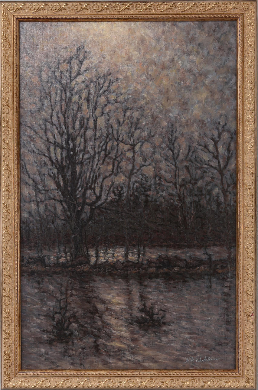 NILS EKSTRÖM. "Frösslundabäcken, vårvintern 1987", olja på duk, signerad.