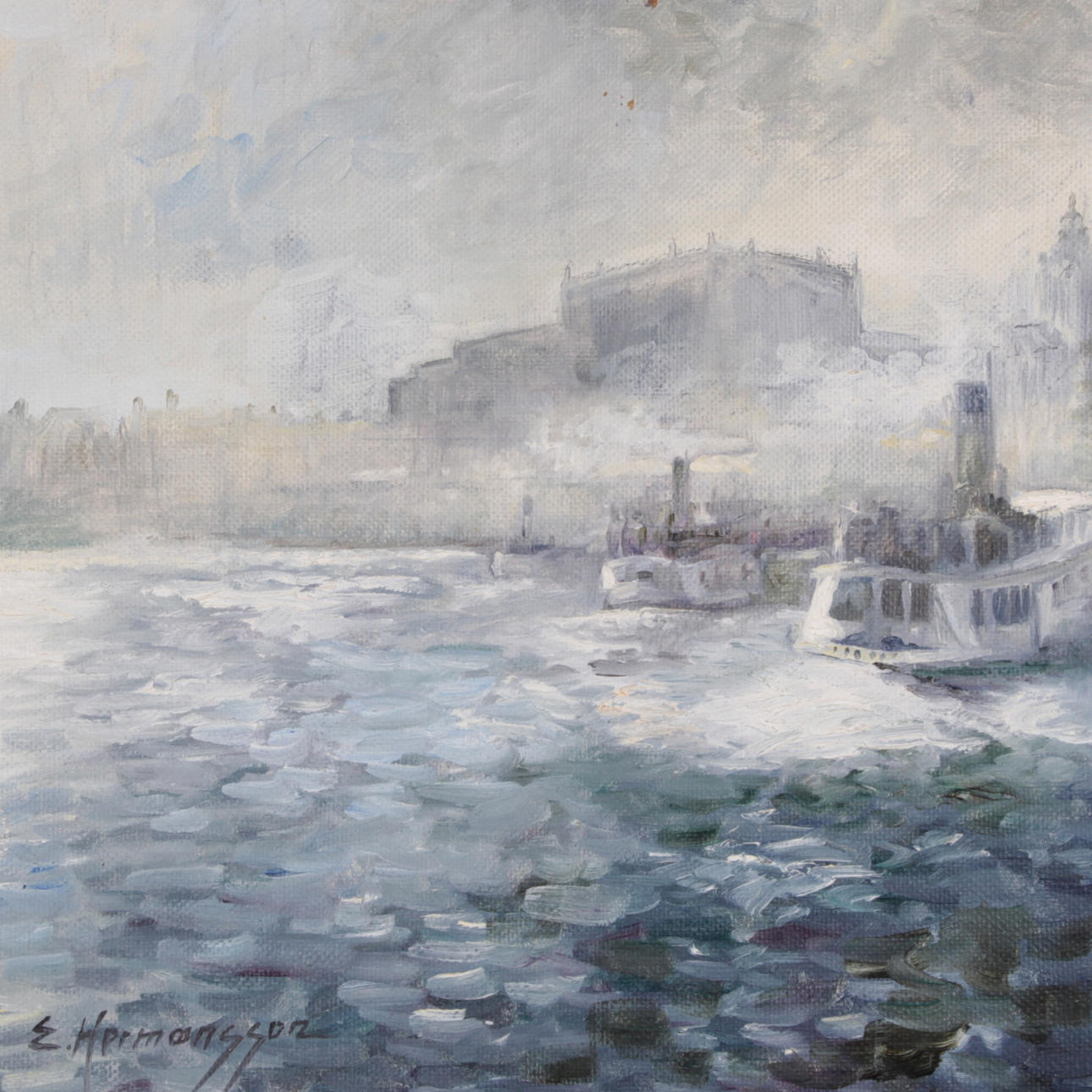 ELSE HERMANSSON. Olja på pannå, hamnmotiv, signerad.