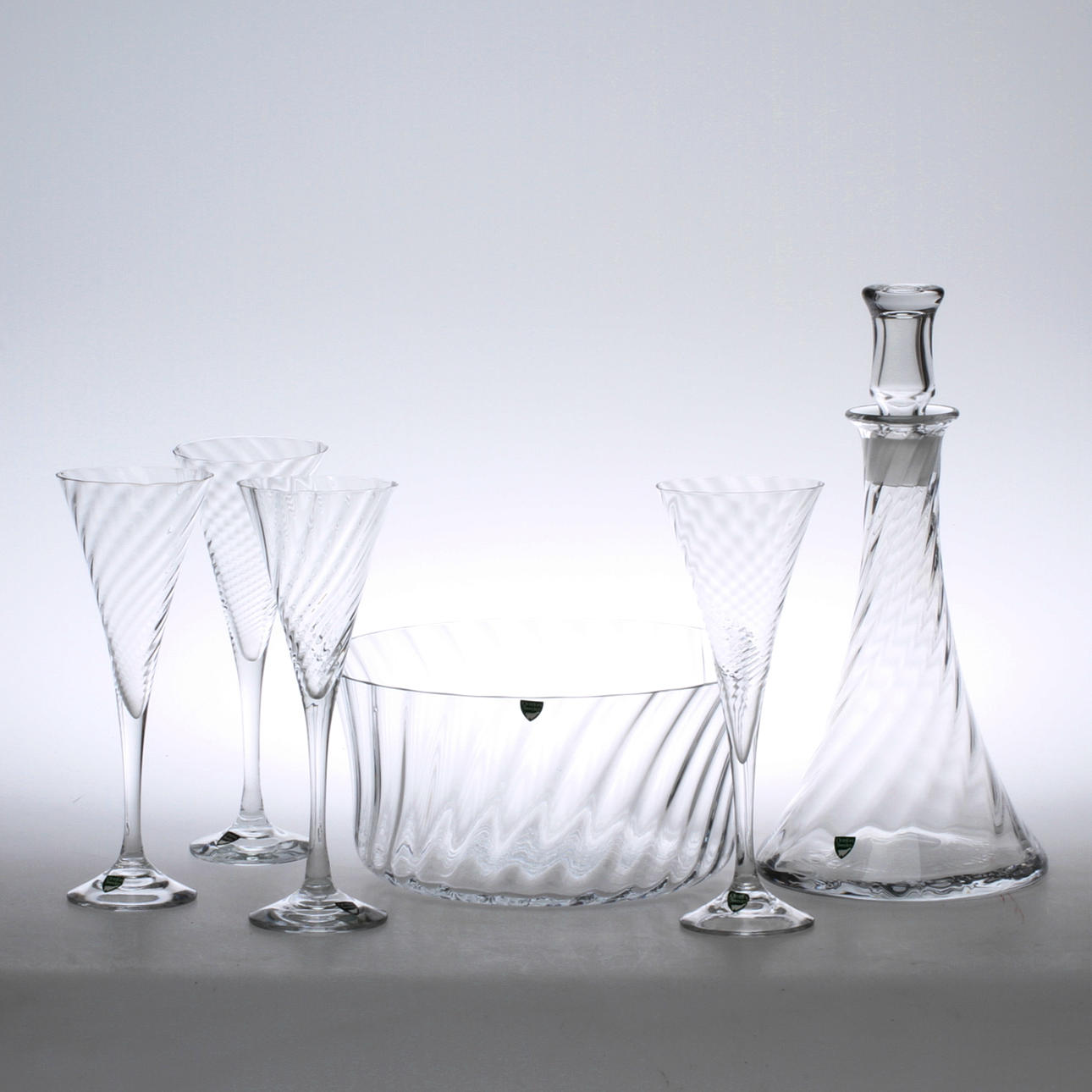 KARAFF, SKÅL samt CHAMPAGNESTRUTAR, 6 delar, glas, Gunnar Cyren för Orrefors.