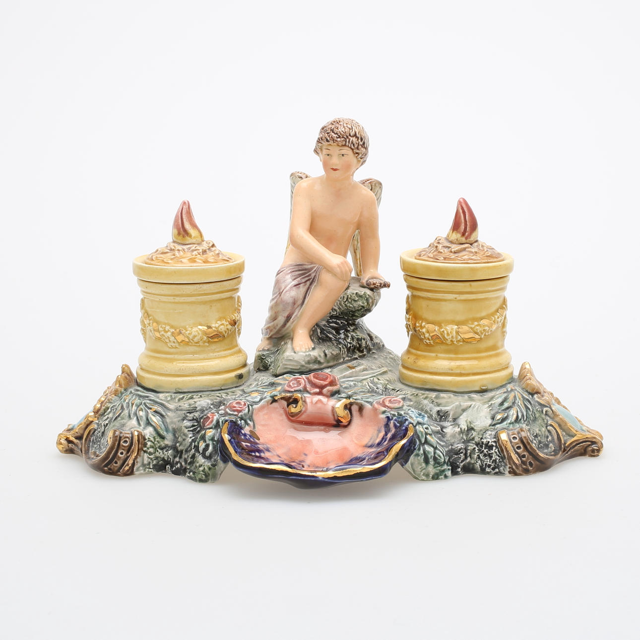 SKRIVBORDSUPPSATS, majolika, Bernard Bloch, 1800/1900-tal.