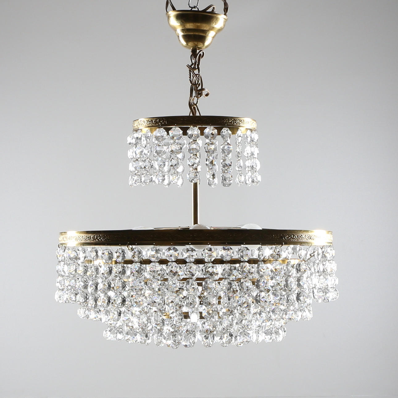 TAKKRONA, 6 ljuspunkter, mässing/prismor, 1900-tal.