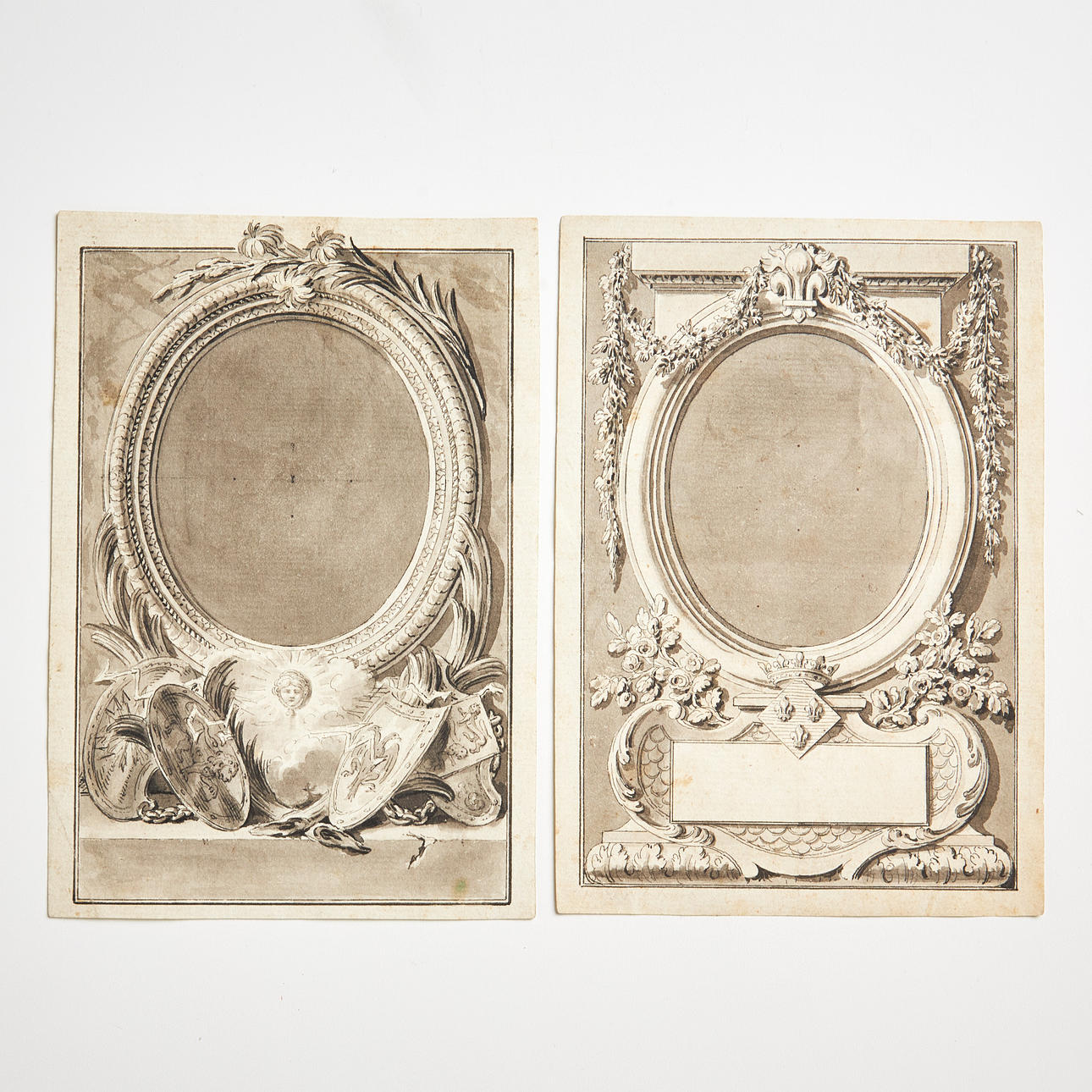 2 SMALLER MARKER PAINTINGS, MODELS FOR ORNAMENTED PORTRAIT FRAMES, c. 1760-80.