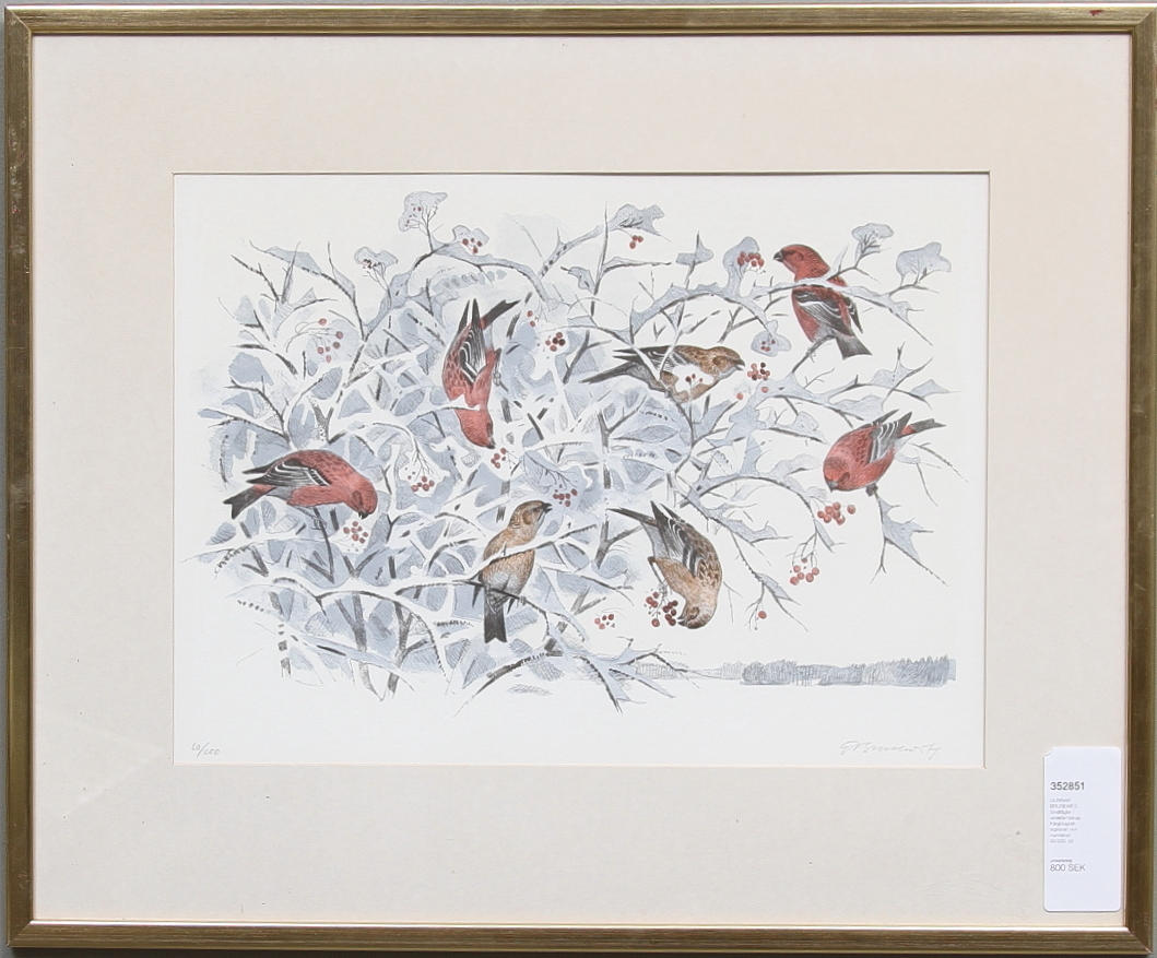 GUNNAR BRUSEWITZ. Småfåglar i vinterlandskap. Färglitografi, signerad och numrerad 60/200.