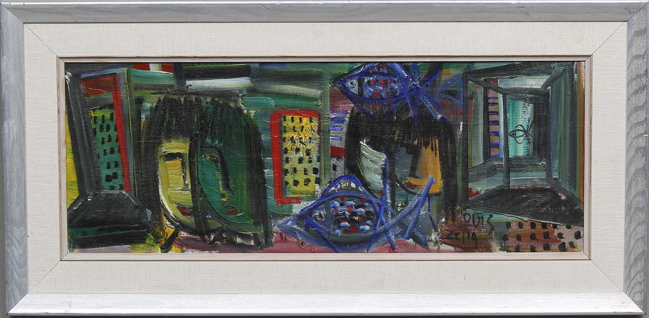 LOUIS ZELIG. Komposition i grönt och blått. Olja på duk. Signerad Louis Zelig.