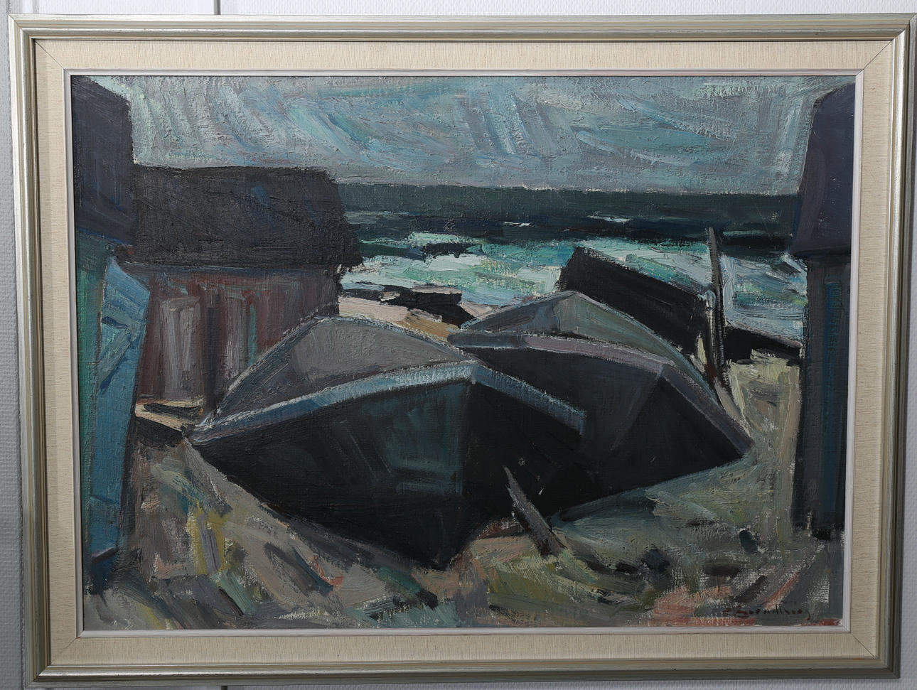 CARL BERNDTSSON. Olja på duk, Båtar på land, signerad C Berndtsson.