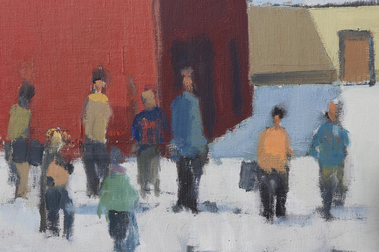 STIG WERNHEDEN. Olja på duk, "I väntan på skolbussen-Hofterup", signerad Wernheden.