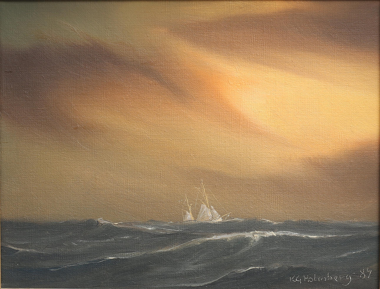 KARL GUSTAV HOLMBERG. "Segelfartyg i ovädersafton Nordsjön" olja på duk, signerad och daterad -87.