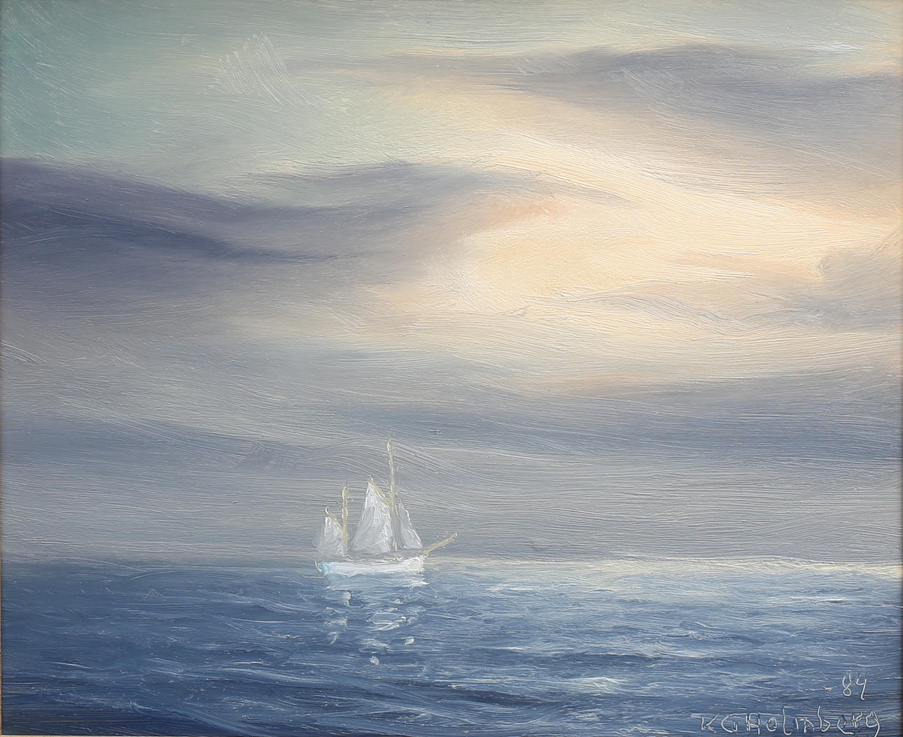 KARL GUSTAV HOLMBERG. "Segelfartyg i stiltje, Väderöfjorden". Olja på pannå, signerad och daterad -84.
