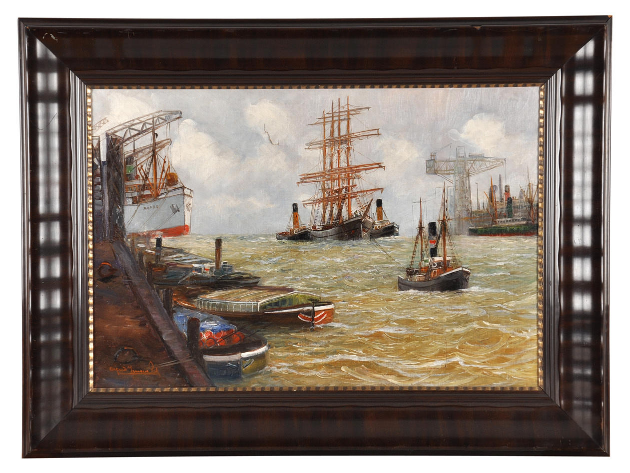 KÜNSTLER UNBEKANNT. Hamn med fartygstyperna tankfartyg, bogserbåtar och sjömän.