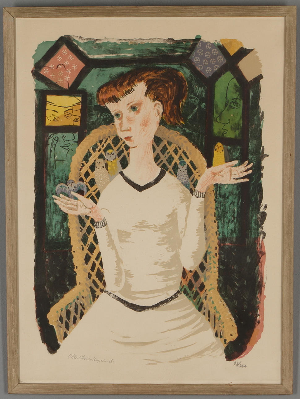 OLLE OLSSON HAGALUND. Flicka med fåglar, färglitografi, signerad samt numrerad 98/360.