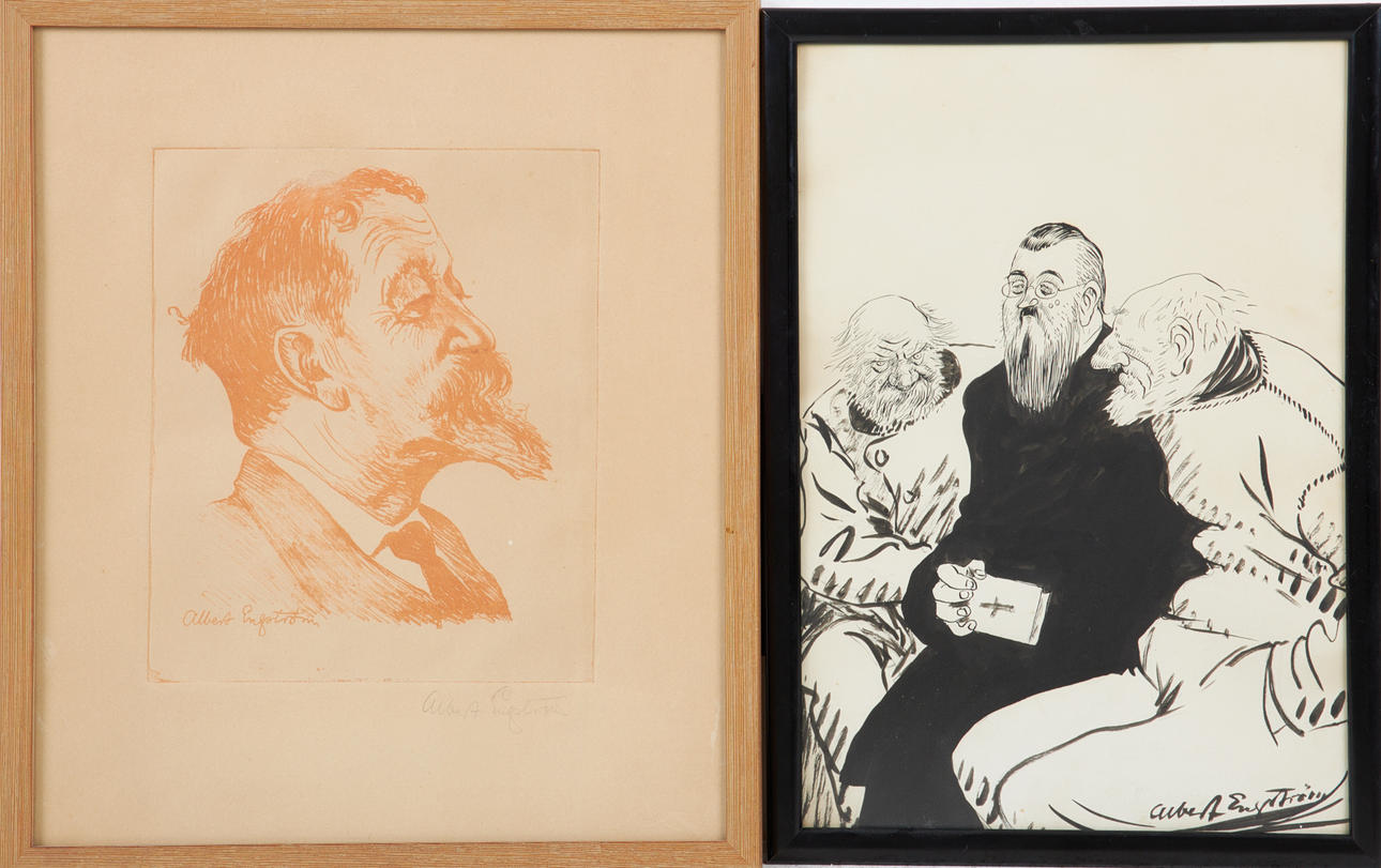 ALBERT ENGSTRÖM. 2 pcs, ink drawing and linoleum cut, signed.