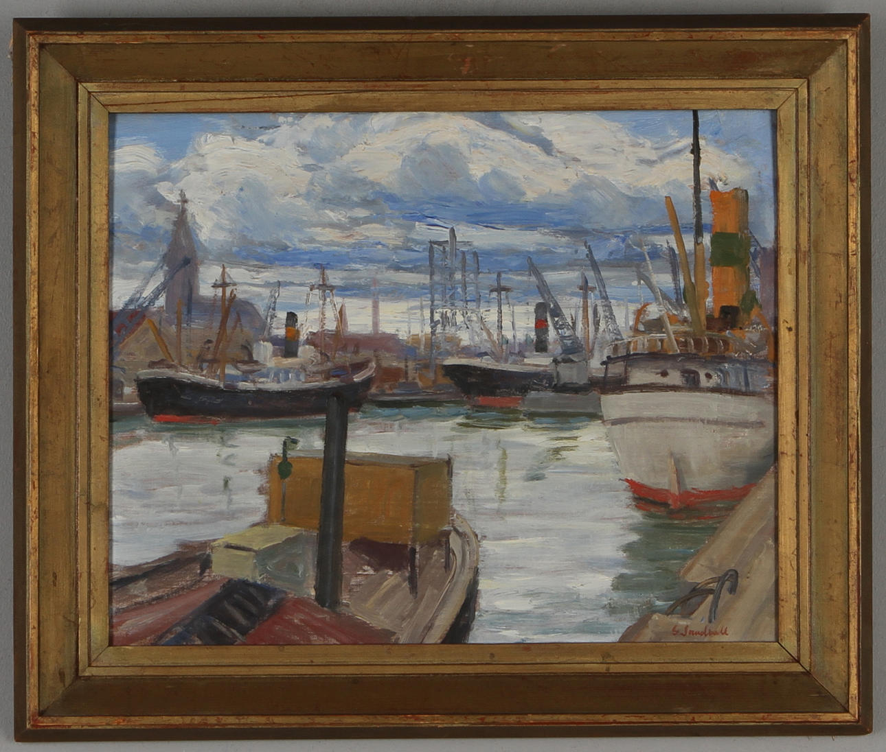 GÖSTA SUNDVALL. Båthamn, olja på pannå, signerad.