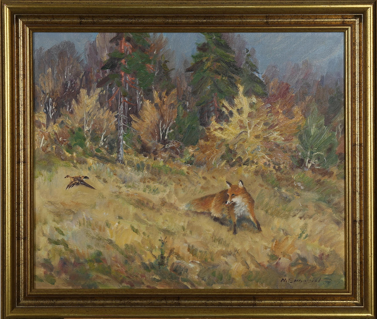 NILS E ENGQUIST. Räv och fasanhöna, olja på duk, signerad.
