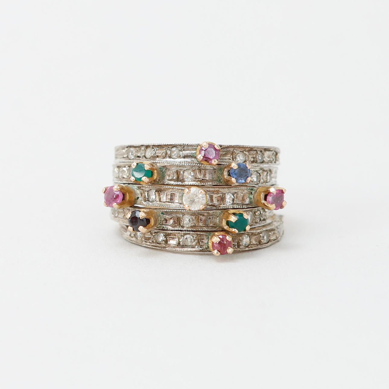 RING, 14k guld, silver, blandade stenar, totalvikt ca 6 gram.