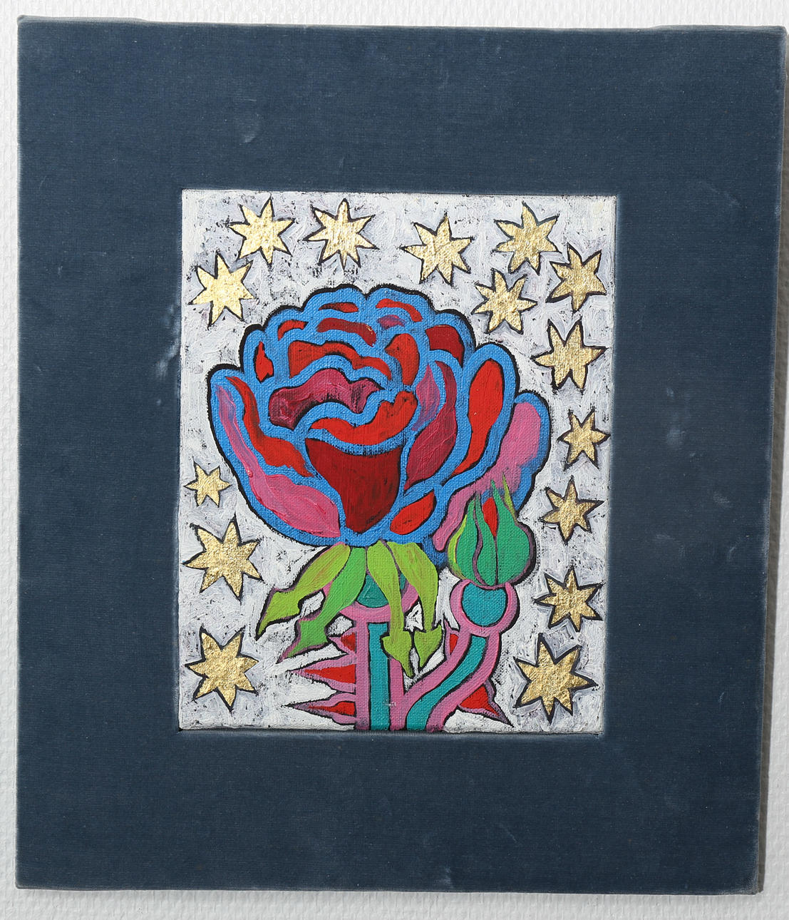 JETTE STOLTZ. TILLSKRIVEN. Olja på duk, "Röd ros med knopp och gyllene stjärnor".