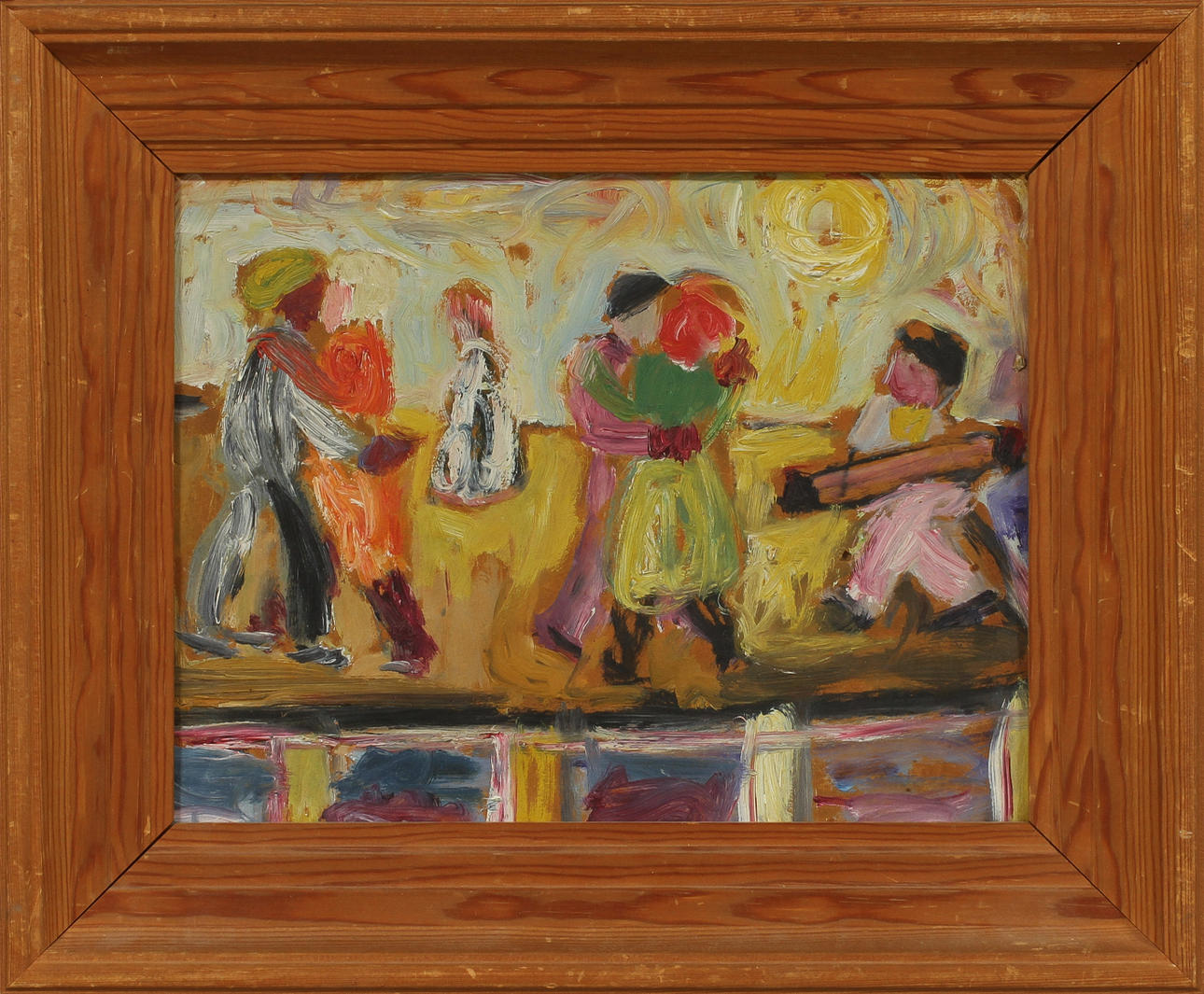 FRANS LARSSON. "Dans på bryggan", olja på pappannå. Signerad a tergo.