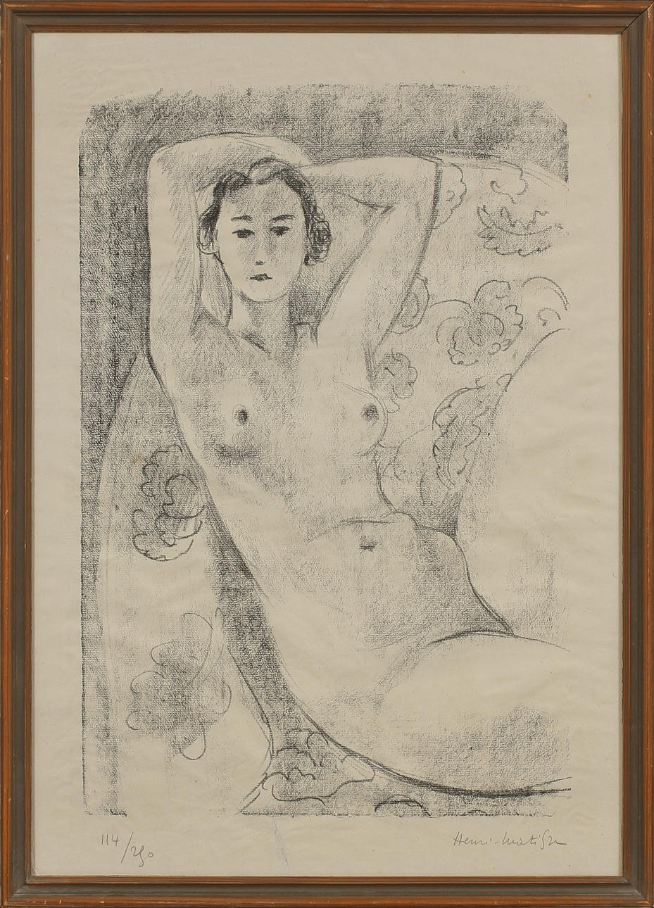 HENRI MATISSE (1869-1954). "Nu assis dans un fauteuil au décor fleuri". Litografi. Utförd 1924.