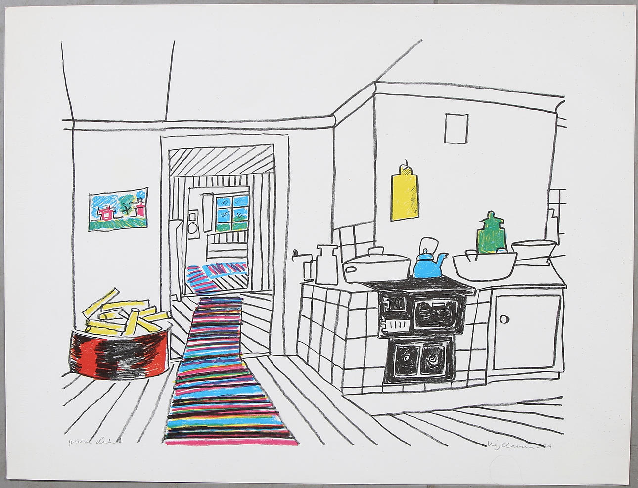 STIG (SLAS) CLAESSON. Interiör, färglitografi, signerad och märkt.