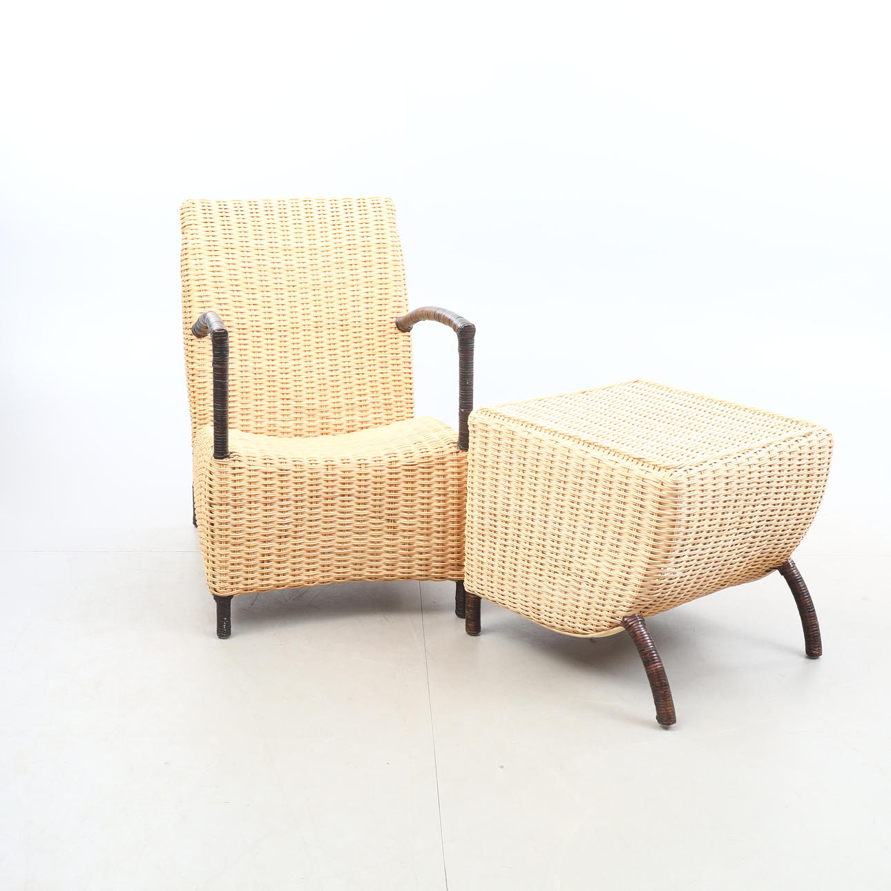 ARMCHAIR & TABLE, teak and rattan.