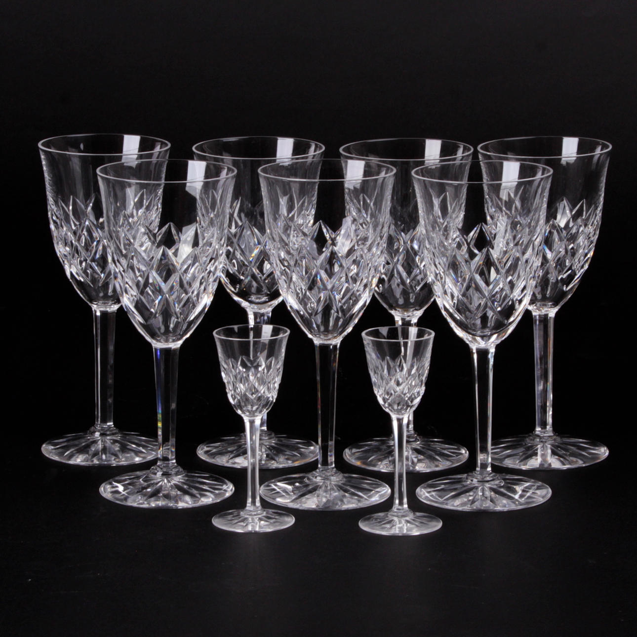 VINGLAS, 7 st, samt 2 snapsglas, "Waldersee Brilliant", Orrefors, 1900-tal.