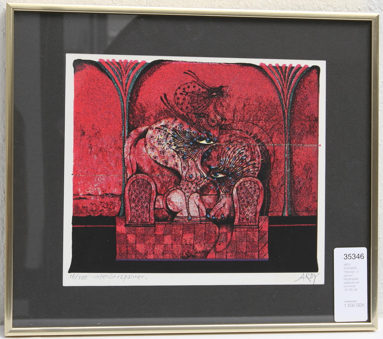 ARDY STRÜWER. "Interiöd + 2 palmer". Färglitografi, signerad och numrerad 16/100.