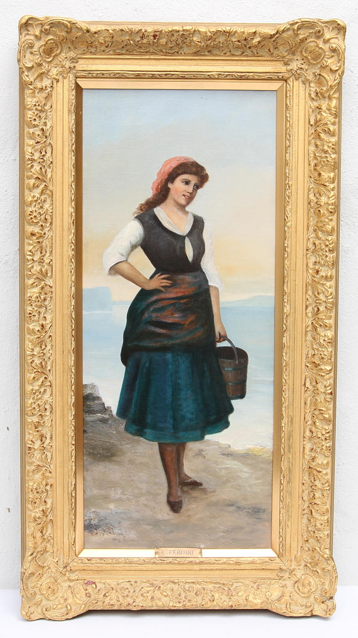 E . FERRONI. TILLSKRIVEN. Flicka på strand, olja på duk, (otydlig) signatur.